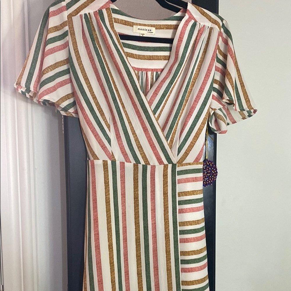 Monteau Green & Pink Striped Wrap Midi Dress